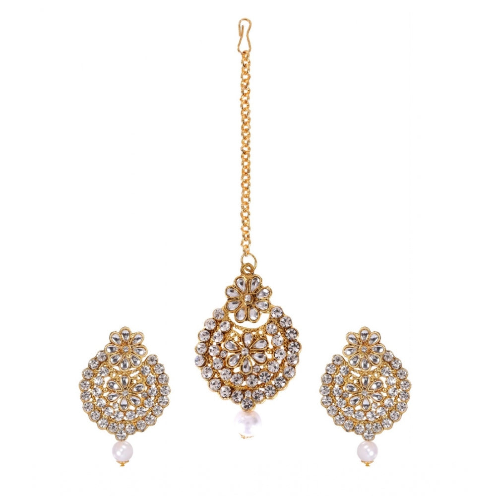 Women's Rose Gold Plated Alloy Kundan Earrings &amp; Mangtikka (White)
