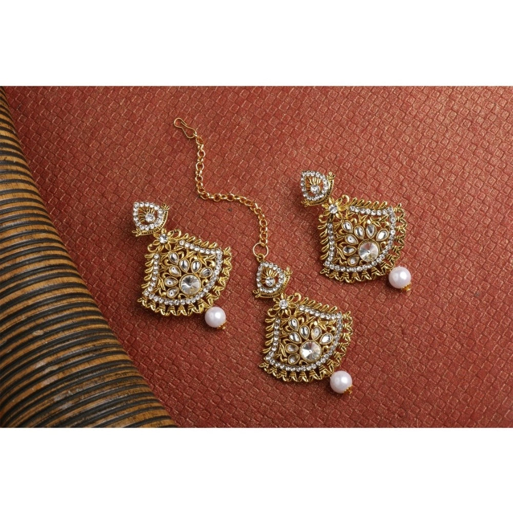 Women's Rose Gold Plated Alloy Kundan Earrings &amp; Mangtikka (White)