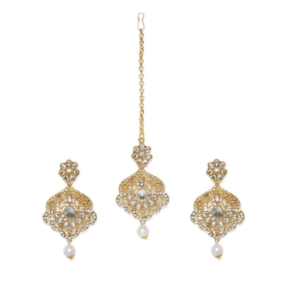 Women's Rose Gold Plated Alloy Kundan Earrings &amp; Mangtikka (White)