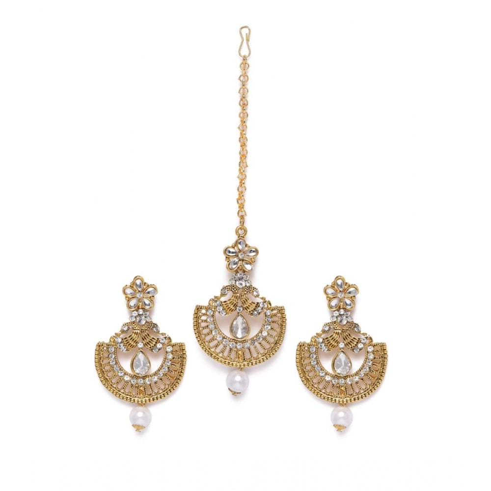 Women's Rose Gold Plated Alloy Kundan Earrings &amp; Mangtikka (White)