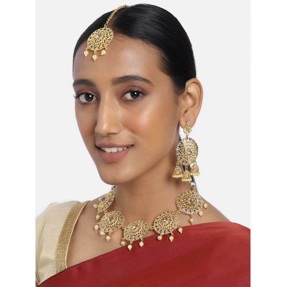 Women's Rose Gold Plated Alloy Necklace &amp; Earings Set (Gold)