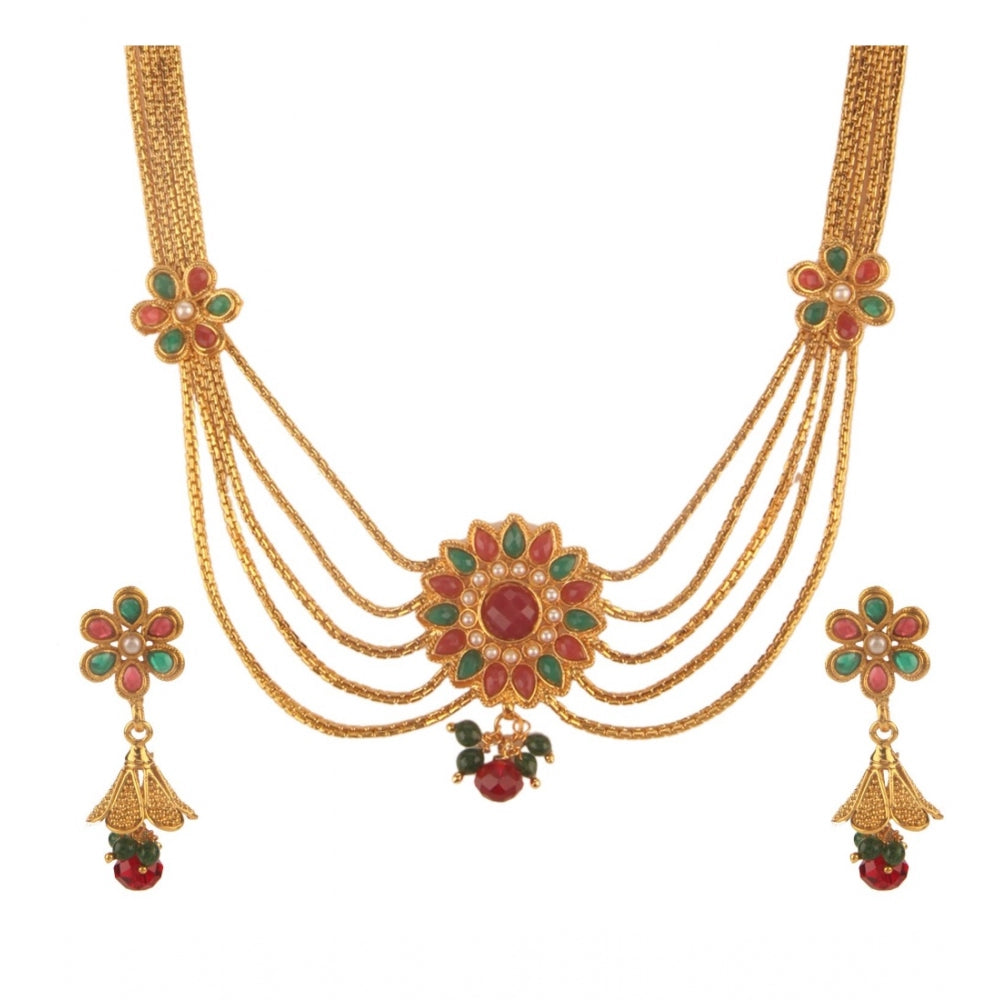 Women's Rose Gold Plated Alloy Necklace &amp; Earings Set (Green &amp; Red)