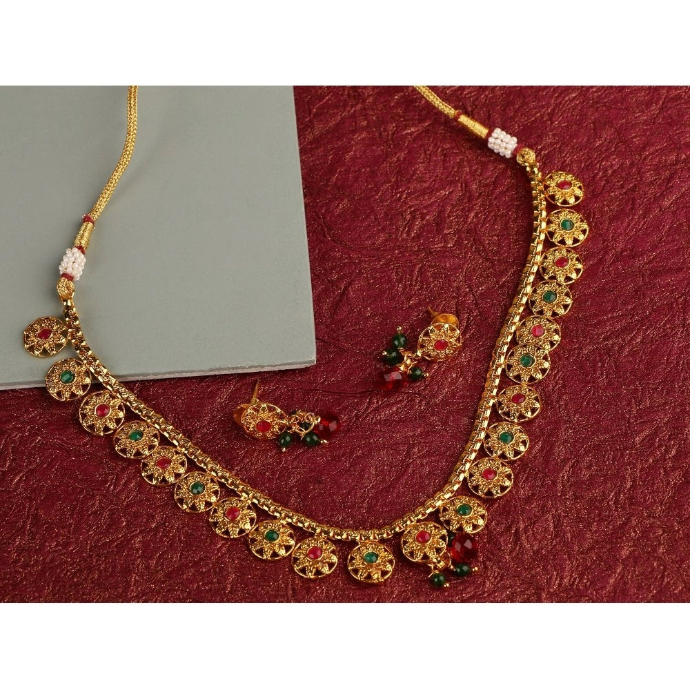 Women's Rose Gold Plated Alloy Necklace &amp; Earings Set (Green &amp; Red)