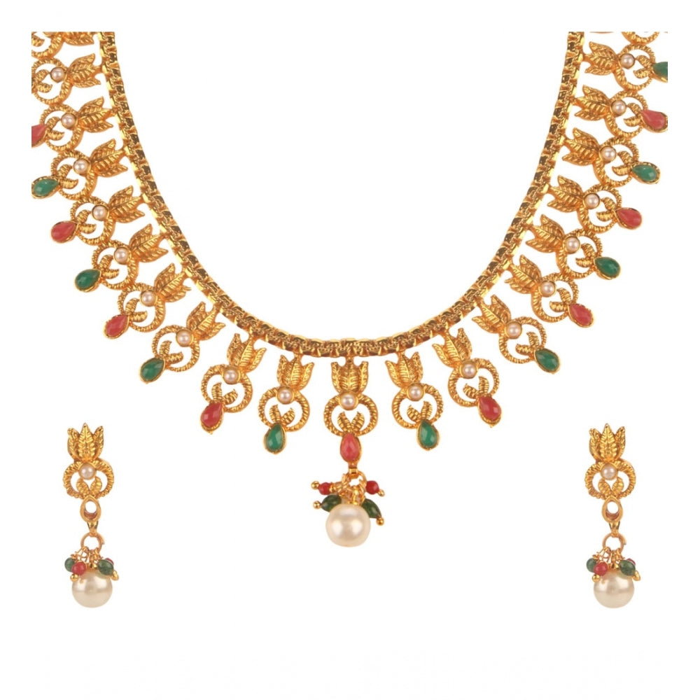 Women's Rose Gold Plated Alloy Necklace &amp; Earings Set (Green &amp; Red)