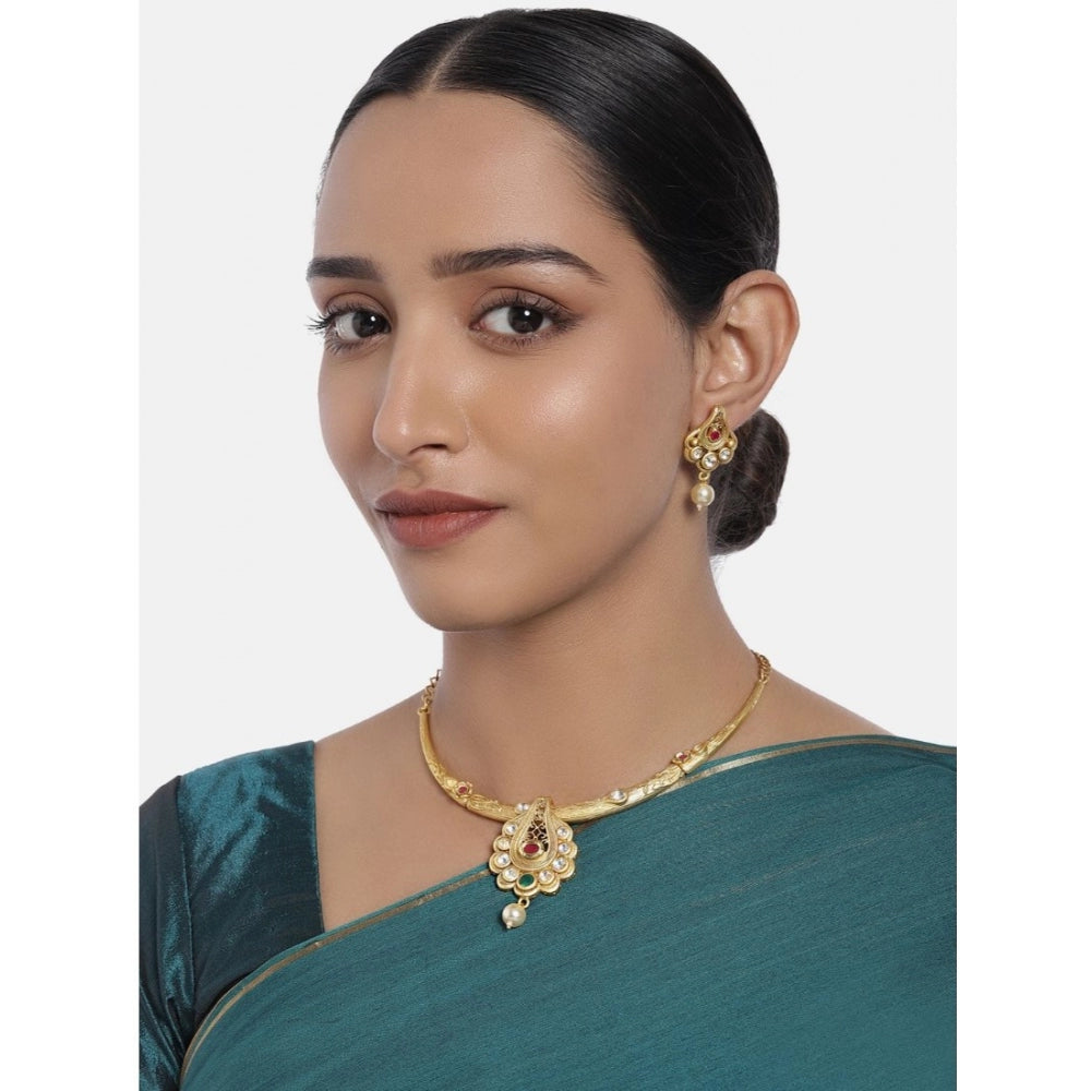 Women's Rose Gold Plated Alloy Necklace &amp; Earings Set (White &amp; Red)