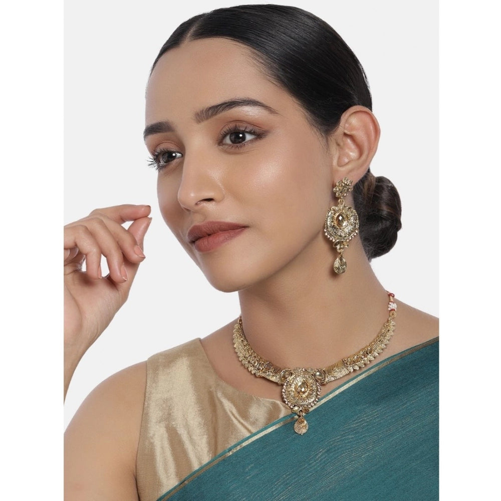 Women's Rose Gold Plated Alloy Necklace &amp; Earings Set (Gold)