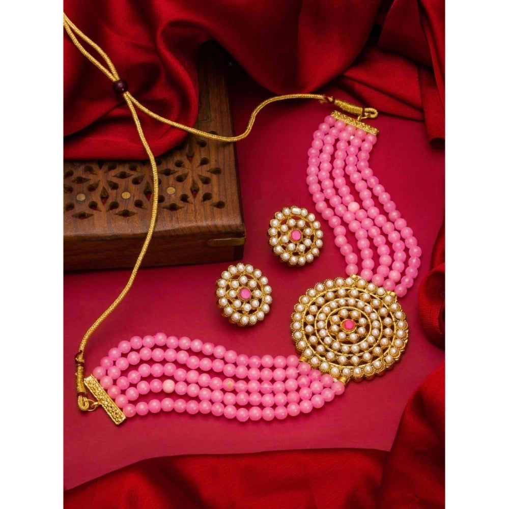 Women's Rose Gold Plated Alloy Necklace &amp; Earings Set (Pink)