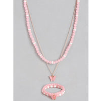 Women's Rose Gold Plated Brass Pendant Chain With Beaded Bracelet (Pink)