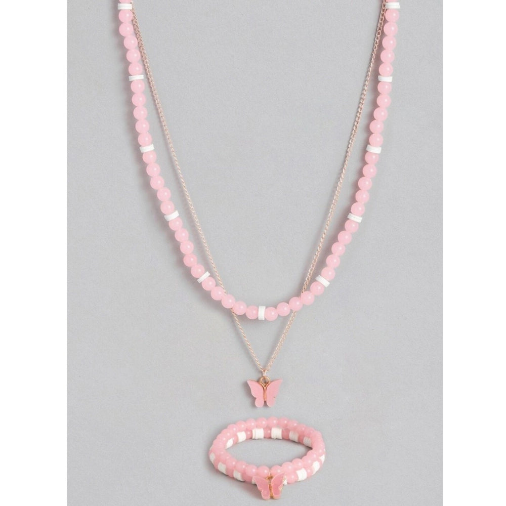 Women's Rose Gold Plated Brass Pendant Chain With Beaded Bracelet (Pink)