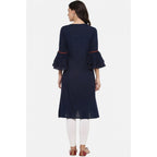 Women's Casual Bell Sleeves Solid Cotton Slub Kurti (Blue)