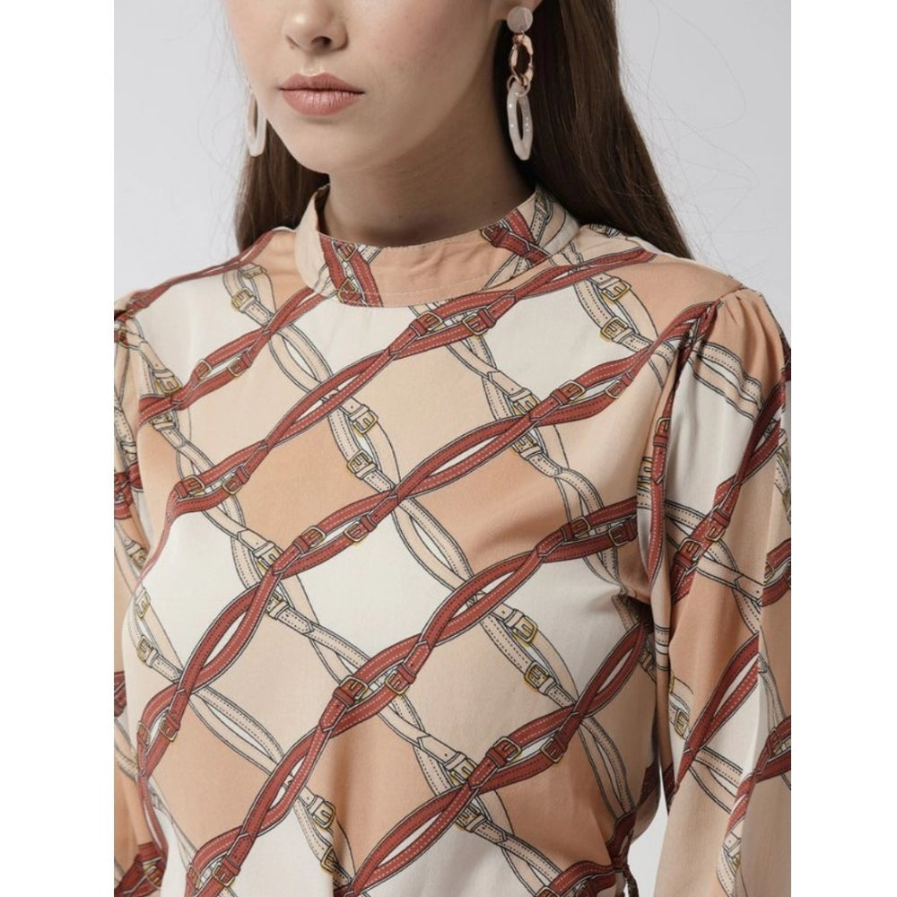 Women's Polyester Checkered Long Sleeves Above Knee Dress (Off White - Brown)
