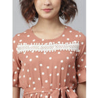 Women's Polyester Polka Bell Sleeve Above Knee Dress (Brown)