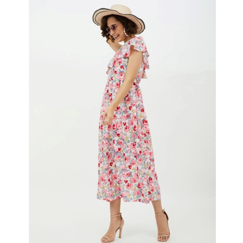 Women's Polyester Floral One Shoulder Calf-length Dress (Multicolor)