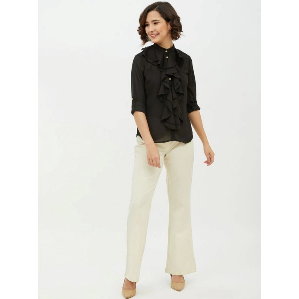 Women's Polyester Ruffled Long Sleeves Standard Length Shirt (Black)