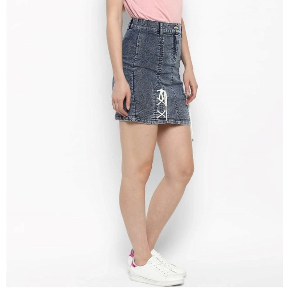 Women's Denim Tie Up Buttoned Skirt (Blue)