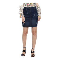 Women's Denim Distressed Buttoned Skirt (Blue)