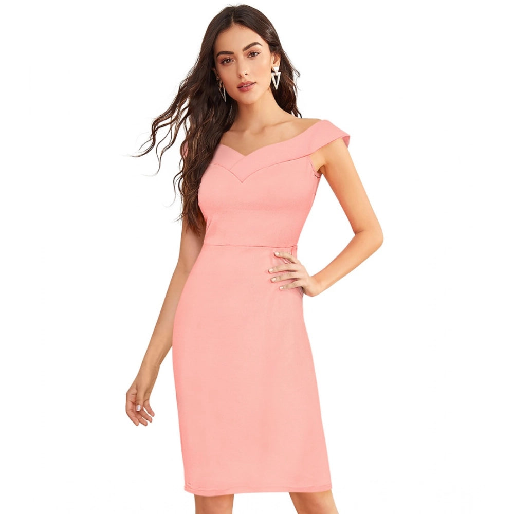 Women's Knitting stretchable Solid Round Neck Sleeveless Dress (Peach)