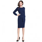Women's Knitting stretchable Solid Round Neck Full Sleeve Dress (Blue)