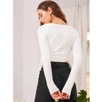 Women's Polyester Solid Round Neck Full Sleeve Top (White)