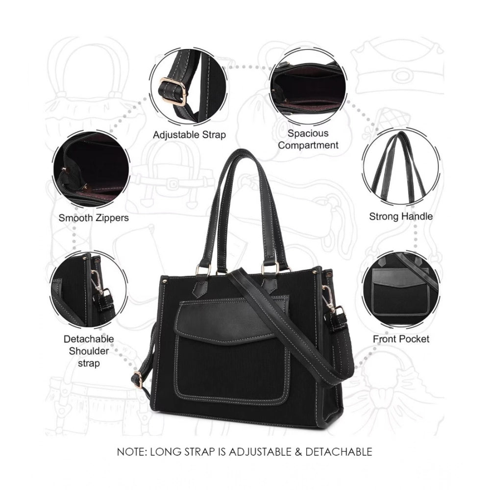 Women's Canvas Medium Top handle Satchel Zipper Handbag (Black)