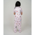 Girl's Silk Bleand Printed Short Sleeve Night Suit Set (Creem)
