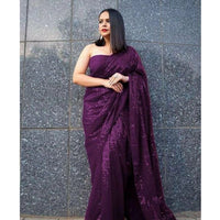 Women's Georgette Embellished Sequnece Bollywood Saree With Unstitched Blouse 5.5Mtr (Purple)