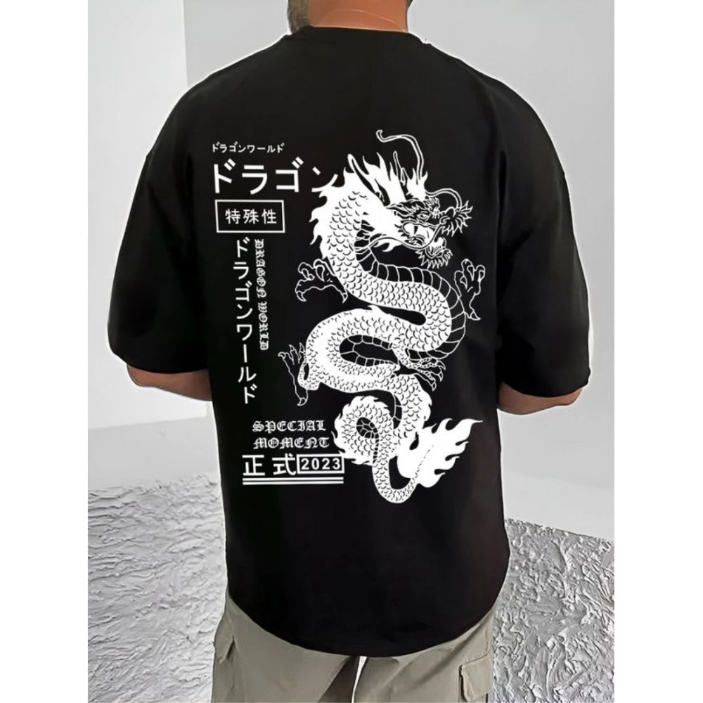 Men's Casual Cotton Blend Printed Round Neck Half Sleeve T-Shirt (Black)