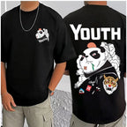 Men's Casual Cotton Blend Printed Round Neck Half Sleeve T-Shirt (Black)