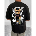 Men's Casual Cotton Blend Printed Round Neck Half Sleeve T-Shirt (Black)