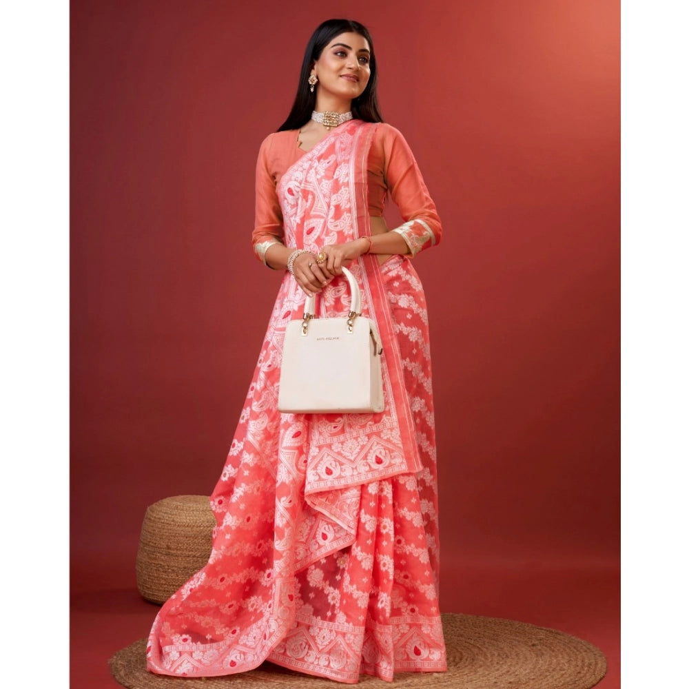 Women's Cotton Silk Printed Saree With Unstitched Blouse 5.5Mtr (Peach)