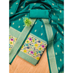 Women's Banarasi Silk Printed Unstitched Salwar Suit Material With Dupatta (Rama, 3Mtrs)