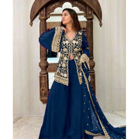 Women's Georgette Embroidery 3-4th Sleeve V-Neck Kurti, Palazzo And Dupatta Set (Morpich)