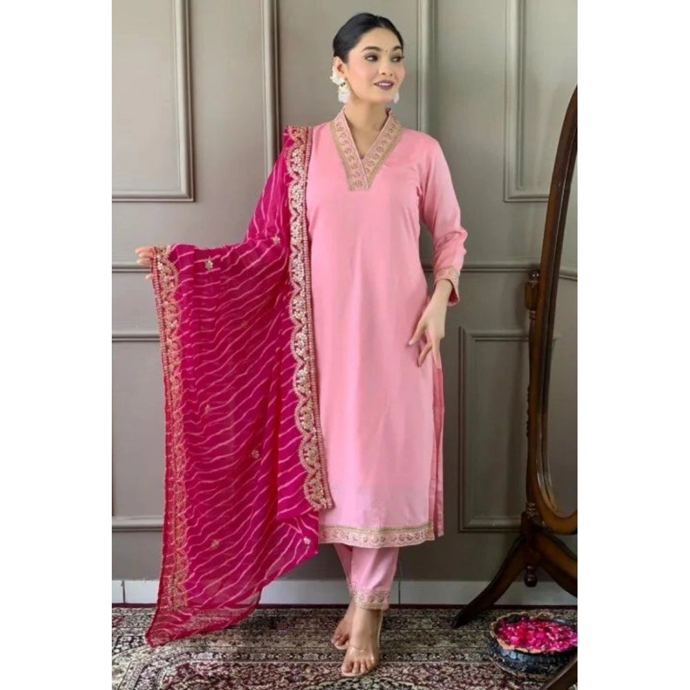 Women's Roman Silk Embroidery 3-4th Sleeve V-Neck Kurti With Pant Dupatta Set (Pink)