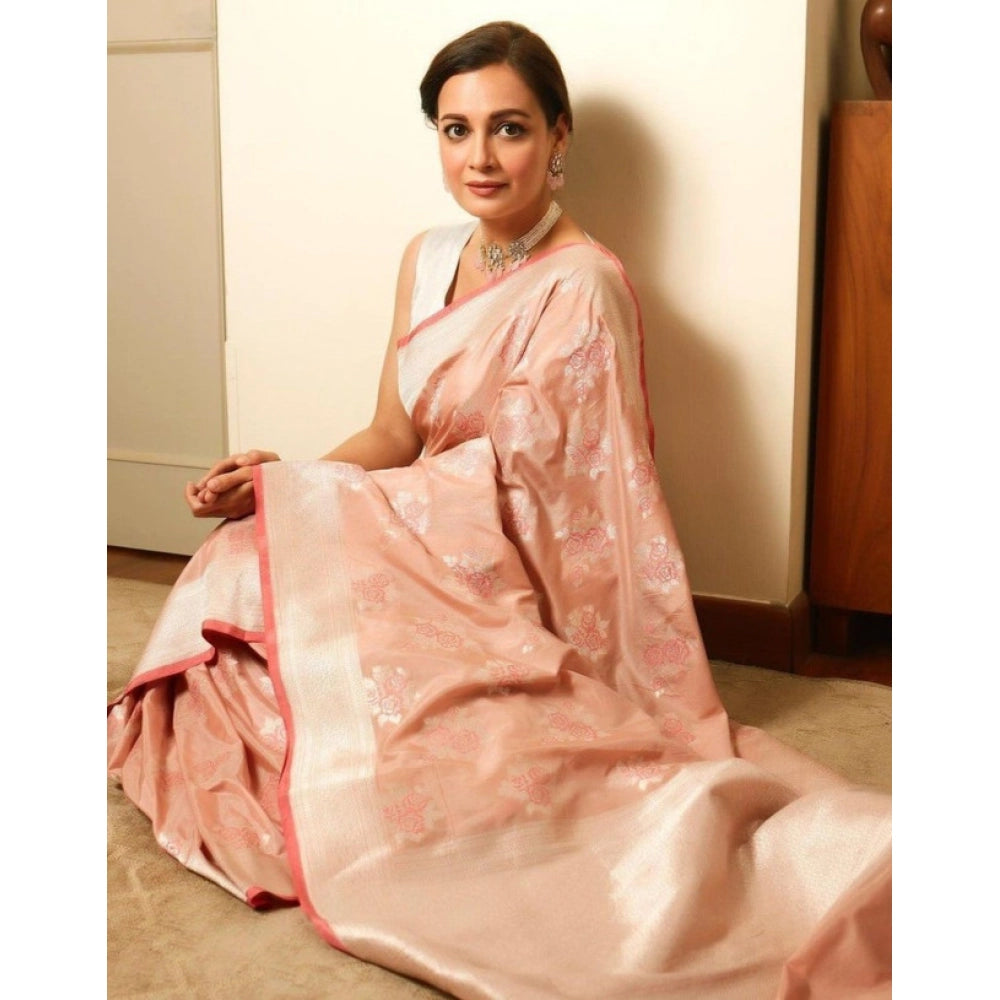 Women's Litchi silk Printed Saree With Unstitched Blouse (Peach)