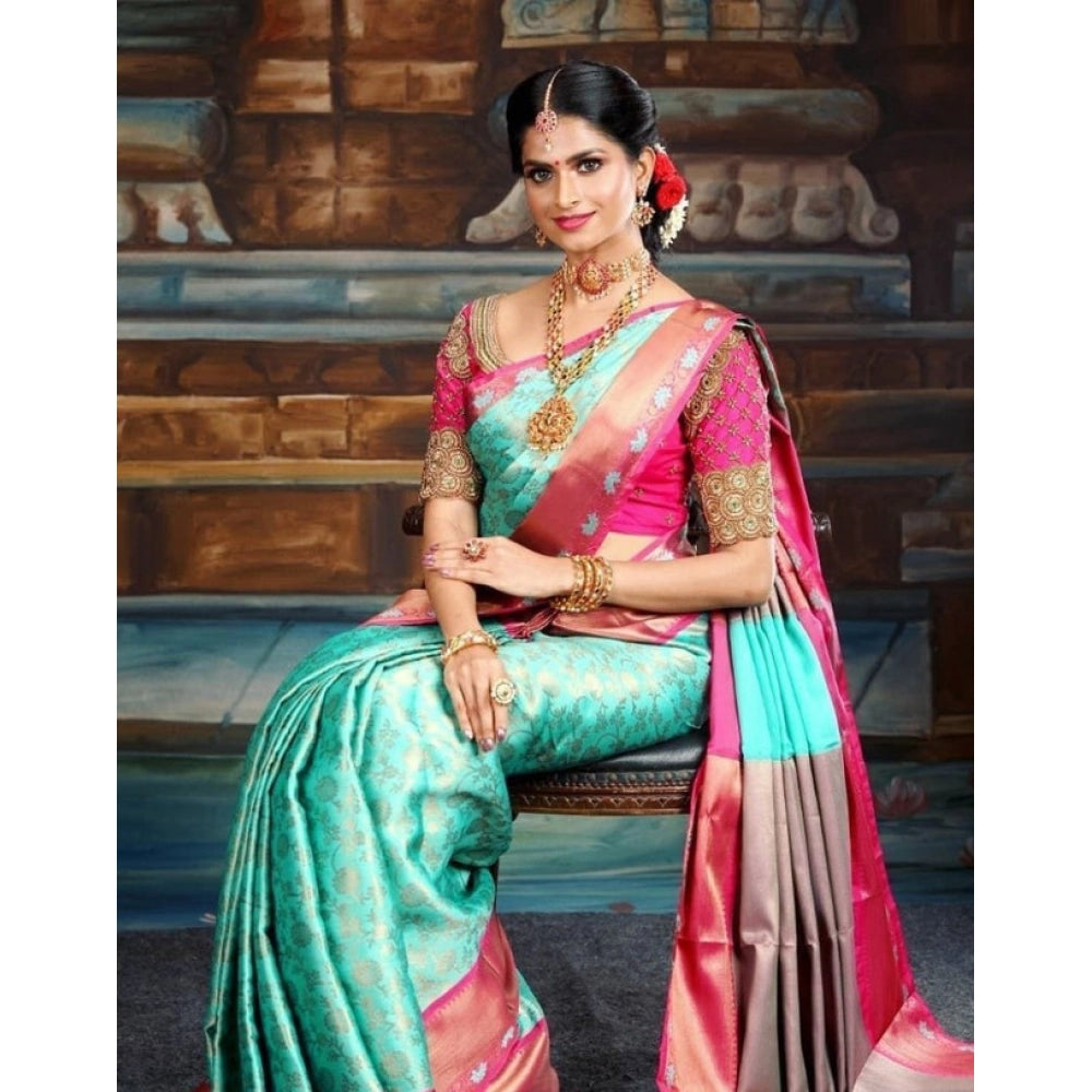 Women's Litchi silk Printed Saree With Unstitched Blouse (Turquise Blue)