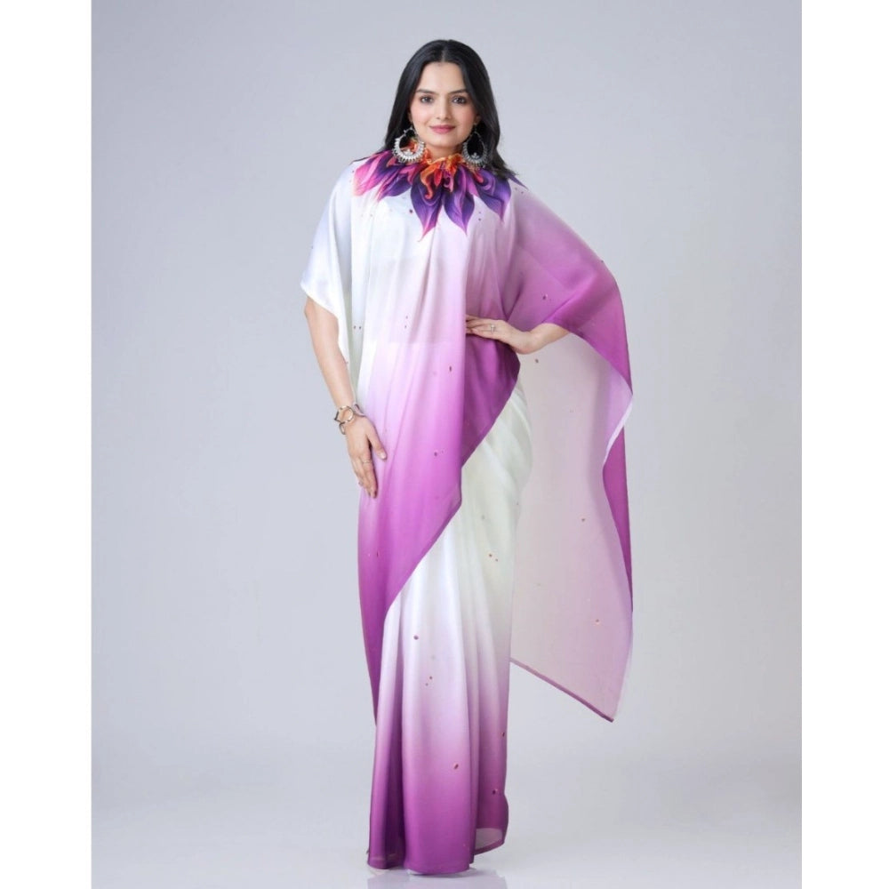 Women's Soft Crepe Silk Printed Ready To Wear Saree With Unstitched Blouse 5.5Mtr (Purple)