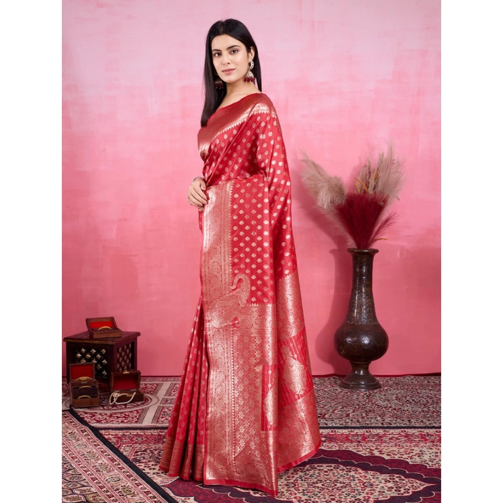 Women's Banarasi Silk Printed Saree With Unstitched Blouse 5.5Mtr (Red)