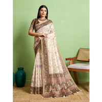 Women's Silk Blend Printed Saree With Unstitched Blouse 5.5Mtr (Cream)