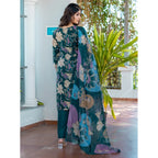 Women's Cotton Blend Printed Kurti With Pant Dupatta Set (Rama)