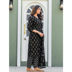Women's Cotton Blend Printed Kurti With Pant Dupatta Set (Black)