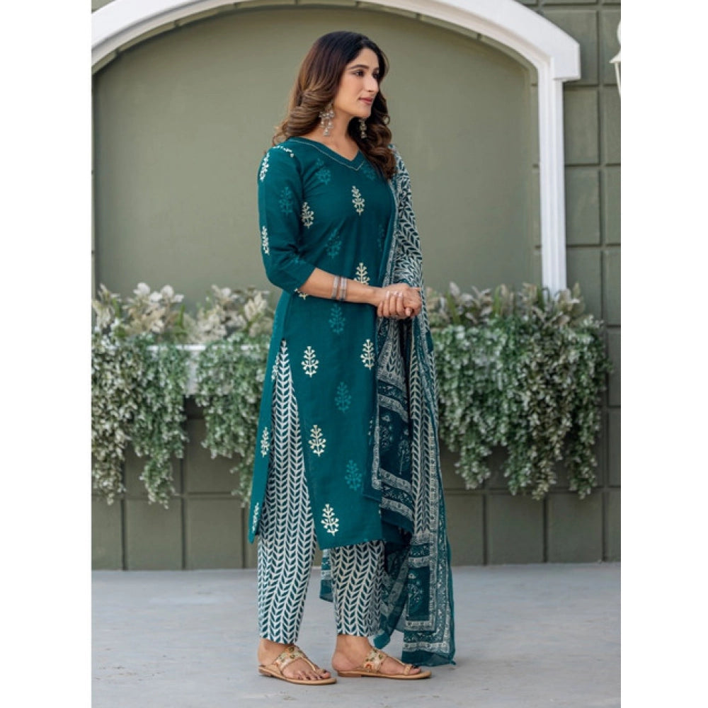 Women's Cotton Blend Printed Kurti With Pant Dupatta Set (Morpichh)