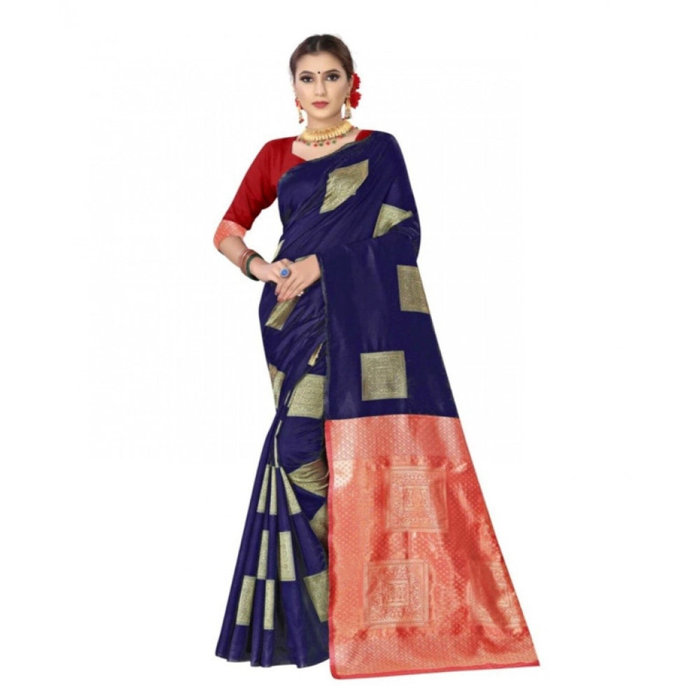 Women's Soft Lichi Silk Printed Saree With Unstitched Blouse 5.5Mtr (Blue)