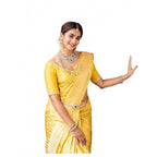Women's Soft Lichi Silk Printed Saree With Unstitched Blouse 5.5Mtr (Yellow)