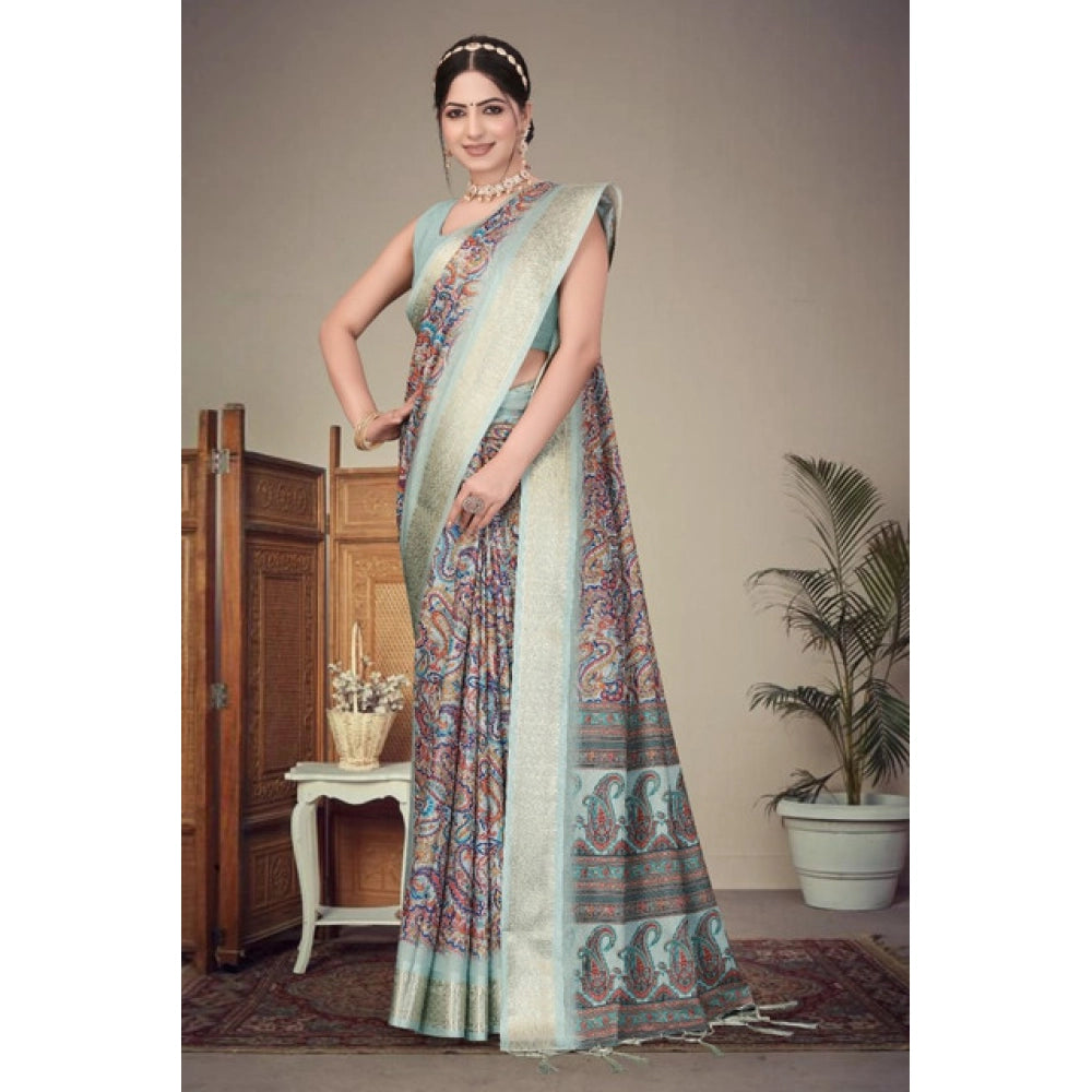 Women's Cotton Silk  Printed Saree With Unstitched Blouse 5.5Mtr (Multicolor)