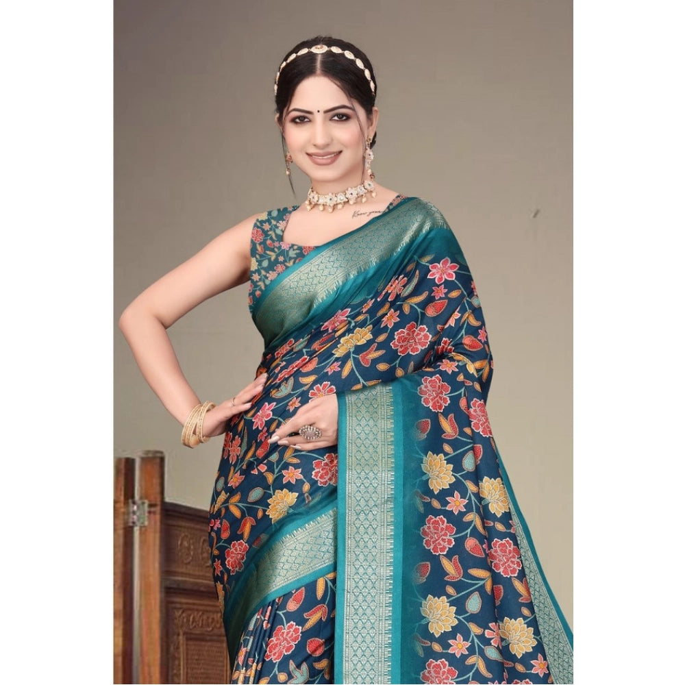 Women's Cotton Silk  Printed Saree With Unstitched Blouse 5.5Mtr (Blue)