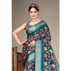 Women's Cotton Silk  Printed Saree With Unstitched Blouse 5.5Mtr (Blue)