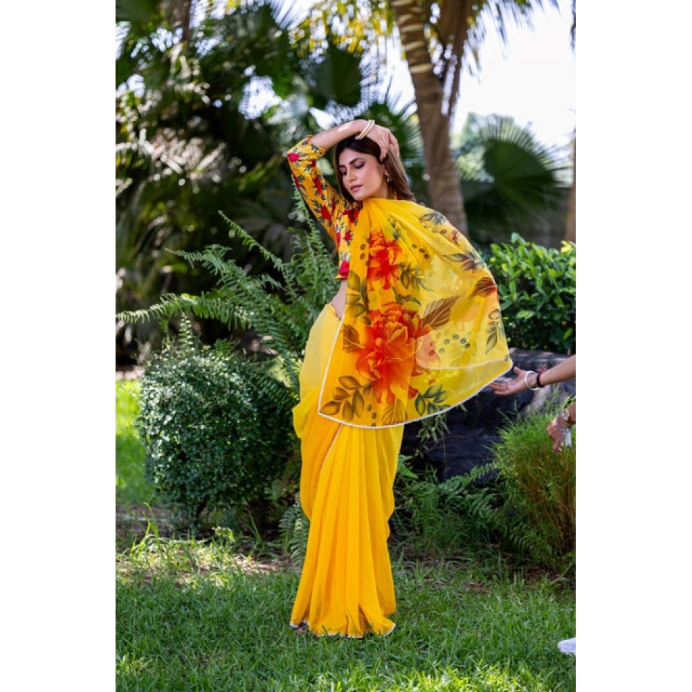 Women's Georgette  Printed Saree With Unstitched Blouse 5.5Mtr (Yellow)