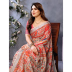 Women's Linen Cotton  Printed Saree With Unstitched Blouse 5.5Mtr (Orange )