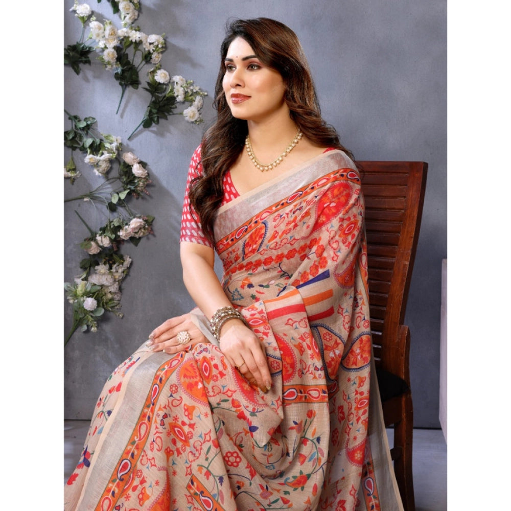Women's Linen Cotton  Printed Saree With Unstitched Blouse 5.5Mtr (Orange )