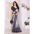 Women's Linen Cotton  Printed Saree With Unstitched Blouse 5.5Mtr (White &amp; Black)